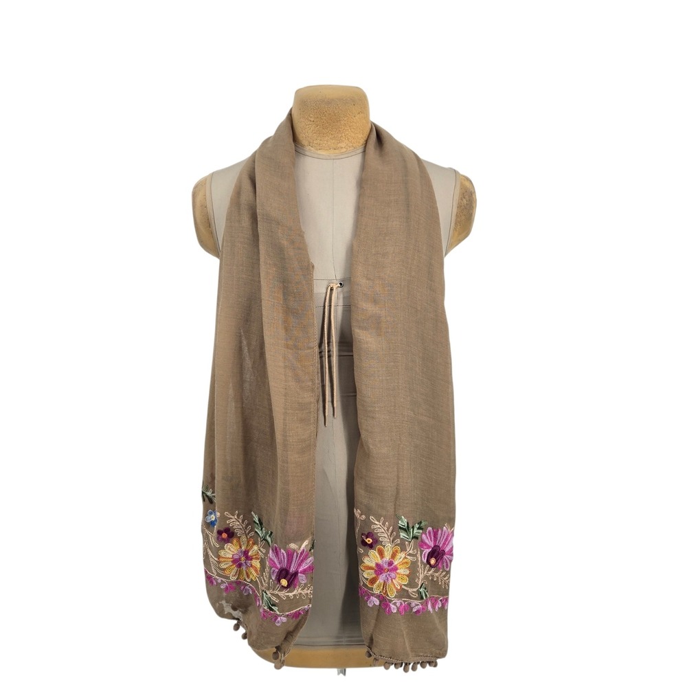 Natural Life Scarf Women OS Tan Floral Embroidered Pom Pom Trim Boho Shawl Wrap